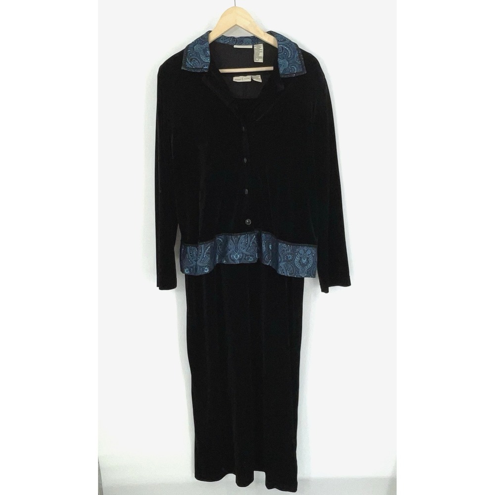 Studio‎ Ease Womens Size 14 Velour Dress Suit Black Blue Trim Stretch Button Up